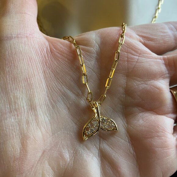 Real 18k Gold over Brass Paperclip ADJUSTABLE Chain + Whale Dolphin Tail - Picture 3 of 9